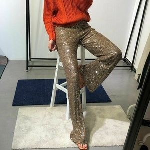 Zara Gold Sequin Flare Pants